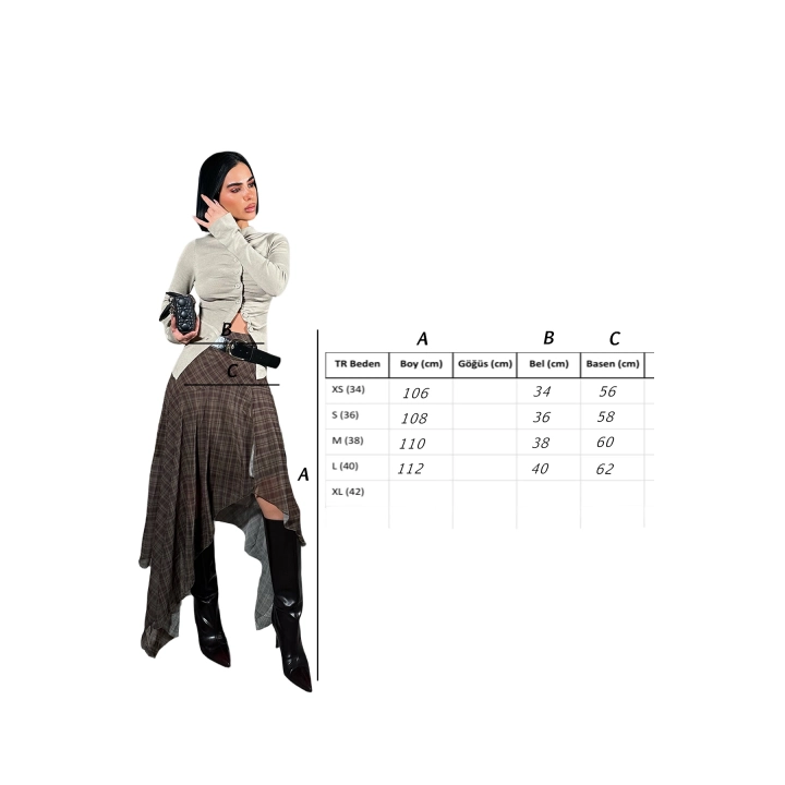 Ekose Desenli Yırtmaçlı Asimetrik Kesim Kahverengi Etek