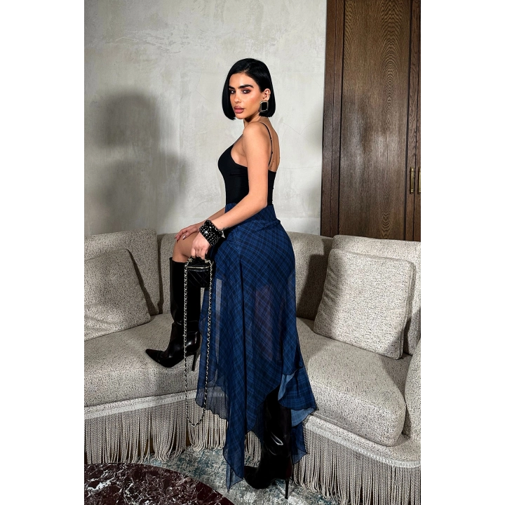 Ekose Desenli Yırtmaçlı Asimetrik Kesim Lacivert Etek