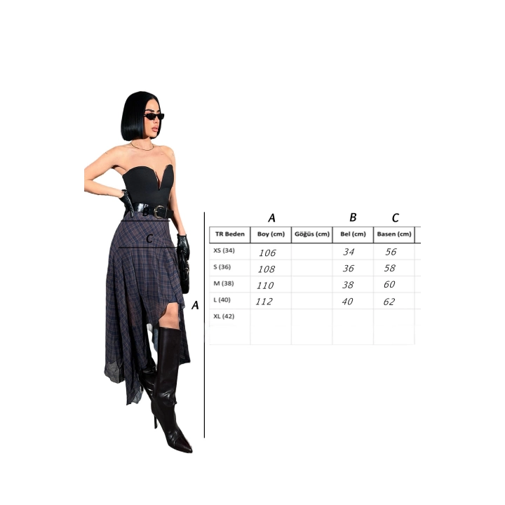 Ekose Desenli Yırtmaçlı Asimetrik Kesim Lacivert-Kahverengi Etek