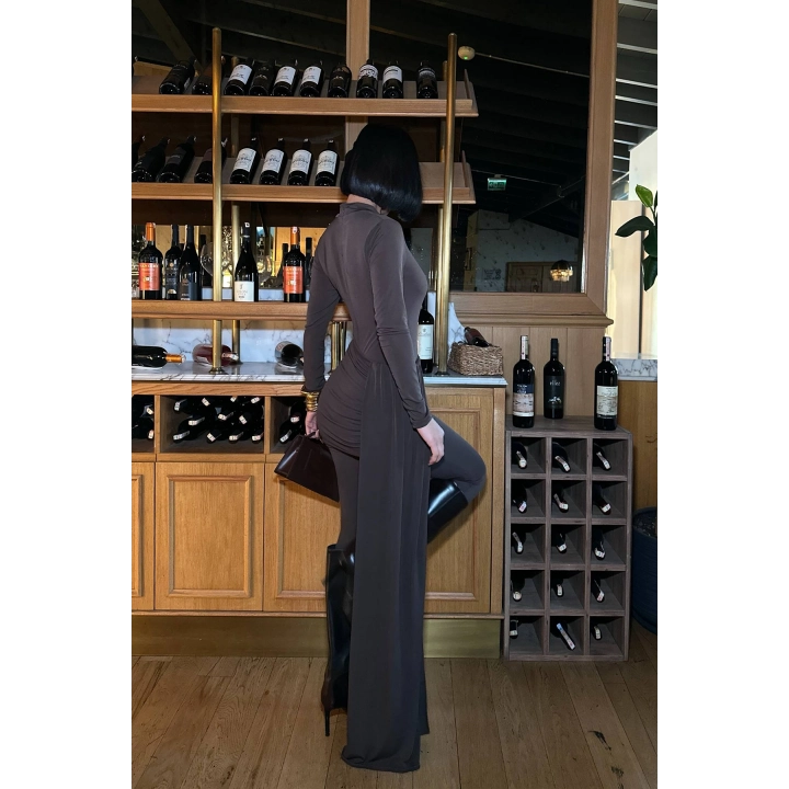 Etek Görünümlü Kuşak Detaylı Kahverengi Tasarım Tulum