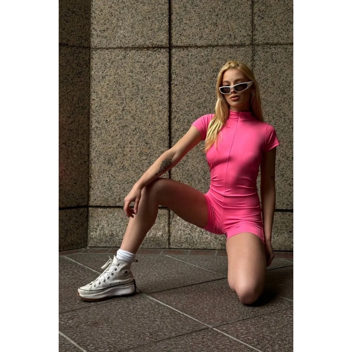 Fermuar Detaylı Pembe Body Tulum