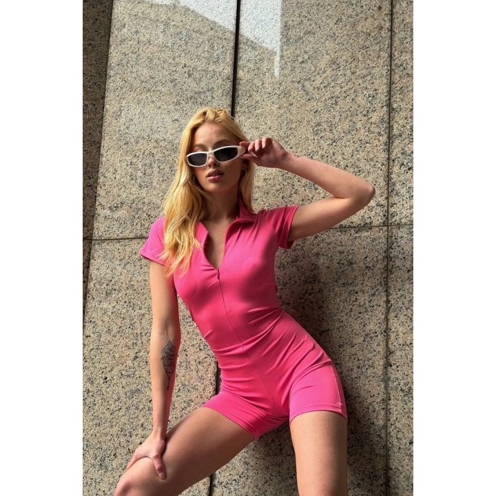 Fermuar Detaylı Pembe Body Tulum