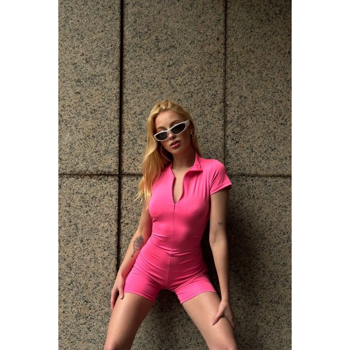 Fermuar Detaylı Pembe Body Tulum