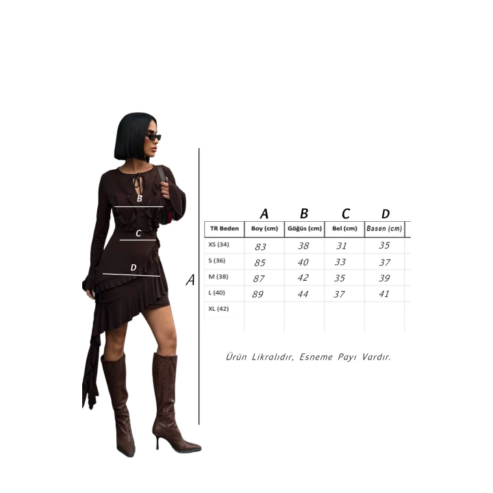 Fırfır Detaylı Göğüs Düğmeli Mini Boy Kahverengi Premium Tasarım Elbise