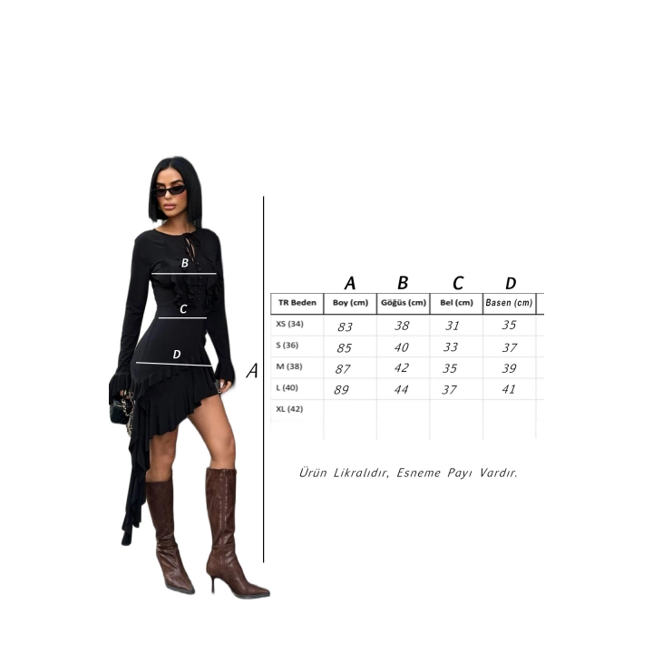 Fırfır Detaylı Göğüs Düğmeli Mini Boy Siyah Premium Tasarım Elbise