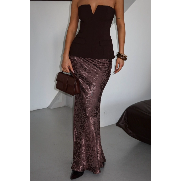 Flok Baskılı Midi Boy Saten Açık Kahve Etek