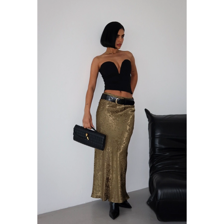 Flok Baskılı Midi Boy Saten Gold Haki Etek