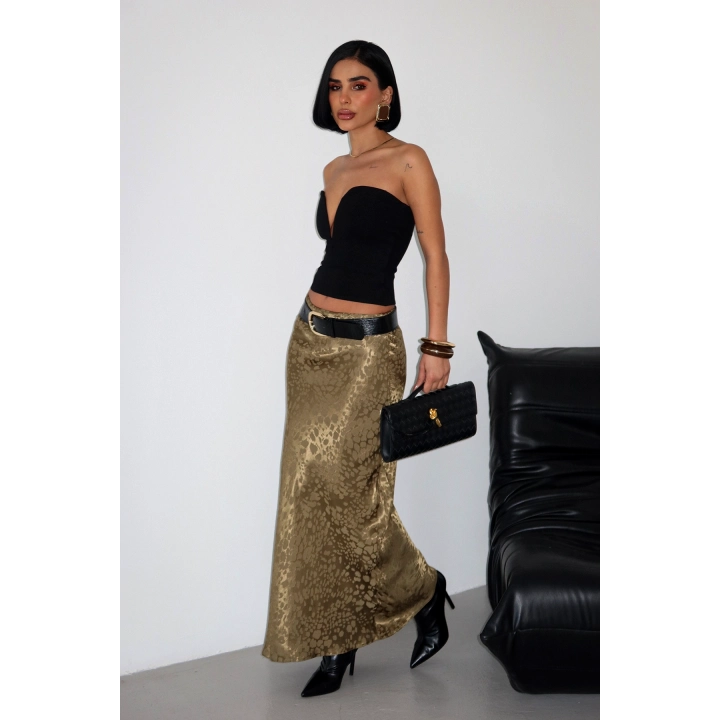 Flok Baskılı Midi Boy Saten Gold Haki Etek