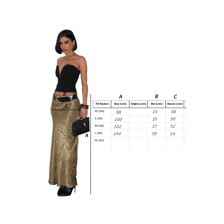 Flok Baskılı Midi Boy Saten Gold Haki Etek