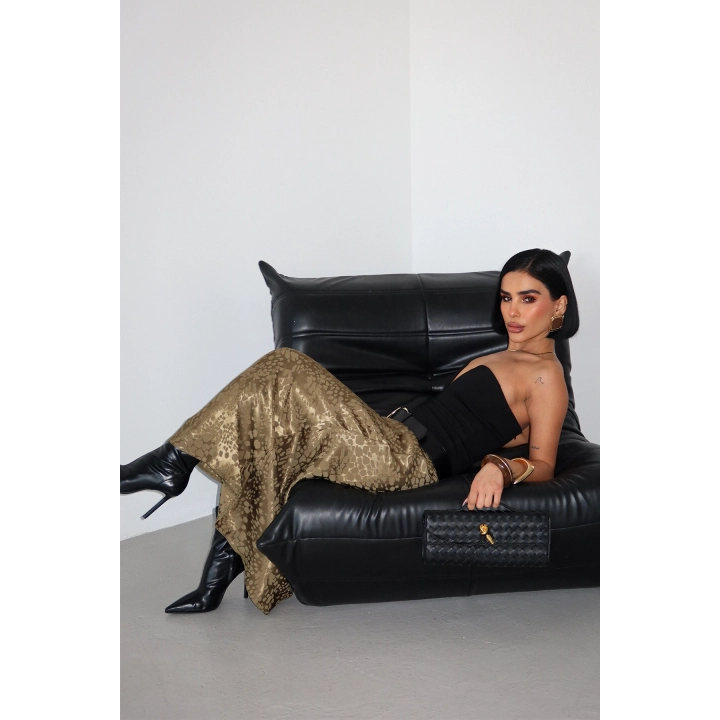 Flok Baskılı Midi Boy Saten Gold Haki Etek