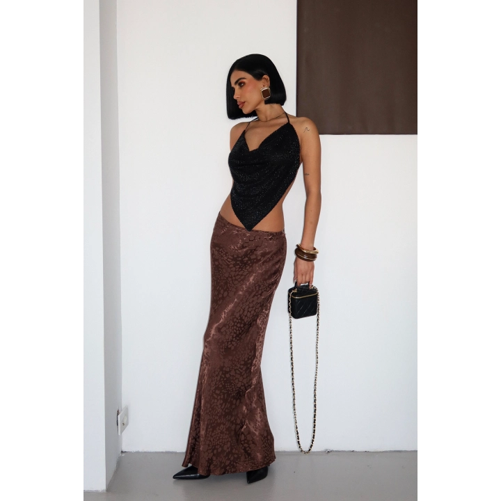 Flok Baskılı Midi Boy Saten Koyu Kahverengi Etek