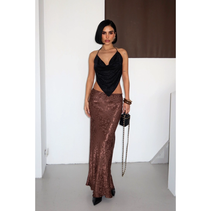 Flok Baskılı Midi Boy Saten Koyu Kahverengi Etek