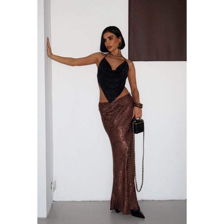 Flok Baskılı Midi Boy Saten Koyu Kahverengi Etek