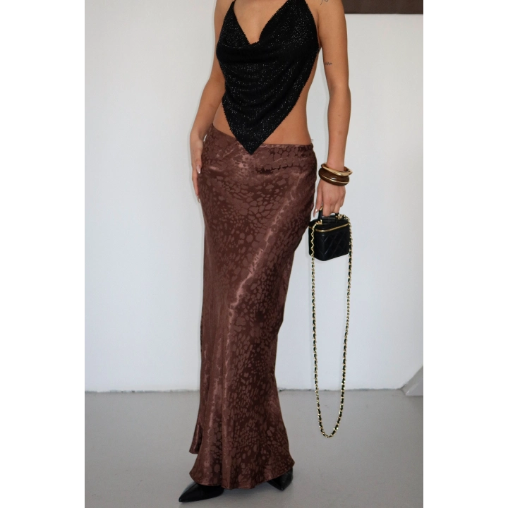 Flok Baskılı Midi Boy Saten Koyu Kahverengi Etek