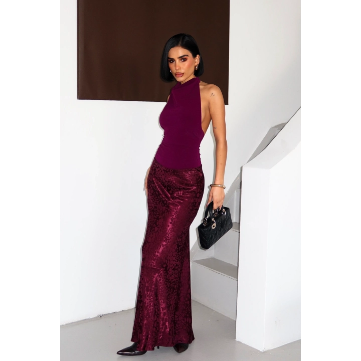 Flok Baskılı Midi Boy Saten Vişne Çürüğü Etek