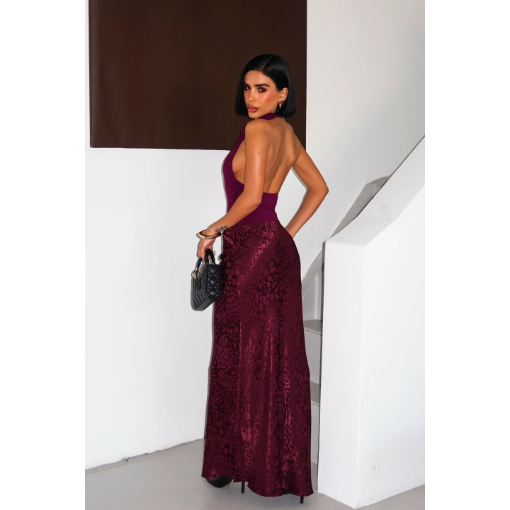 Flok Baskılı Midi Boy Saten Vişne Çürüğü Etek