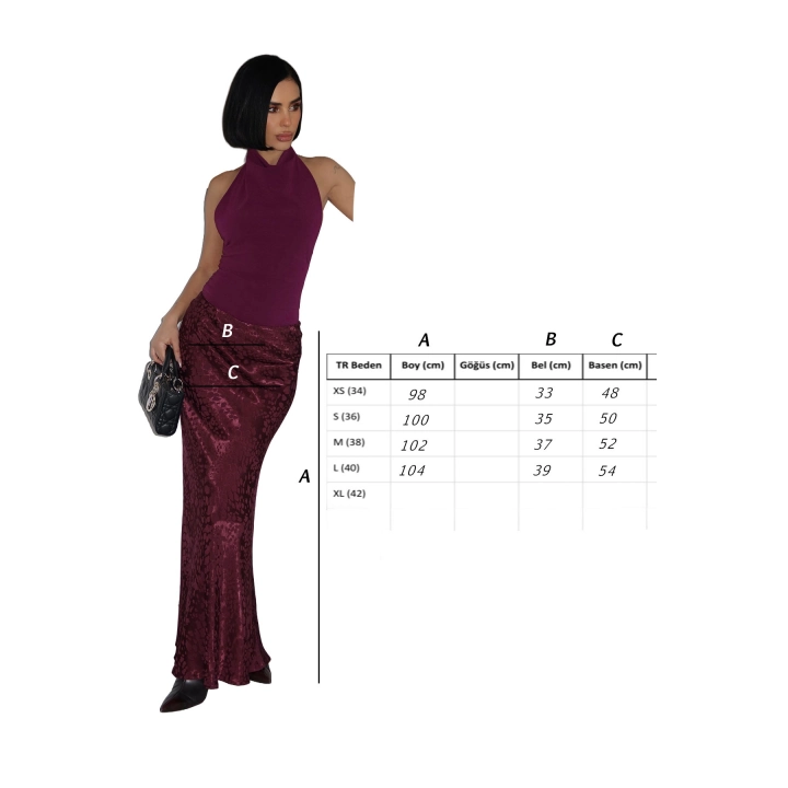 Flok Baskılı Midi Boy Saten Vişne Çürüğü Etek
