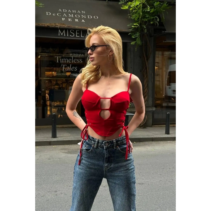 Gloplu Yan Bağcıklı Kırmızı Crop