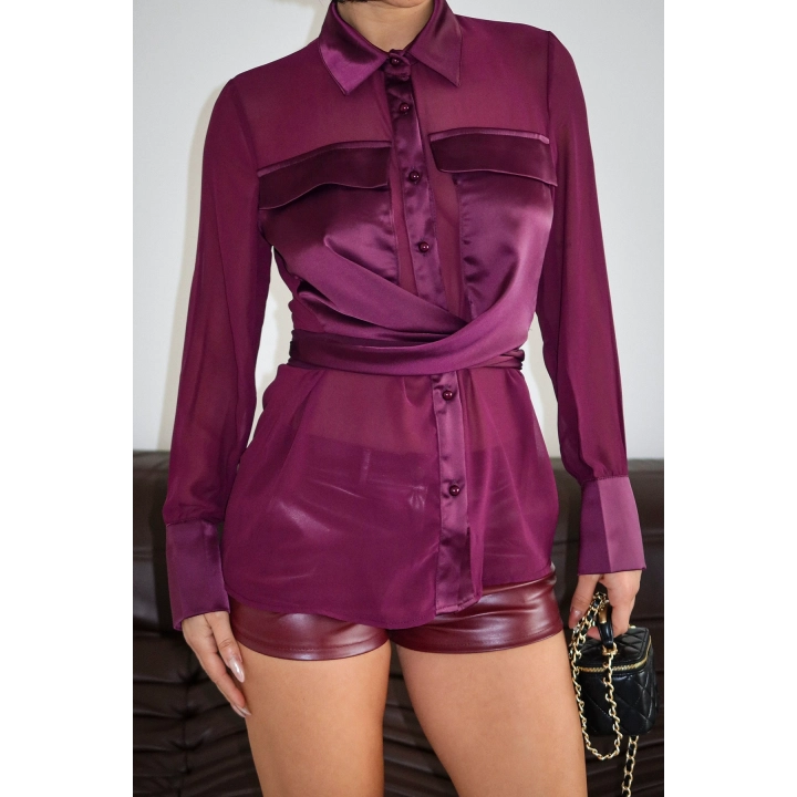 Göğüs Detaylı Kuşaklı Tül Bordo Tasarım Gömlek