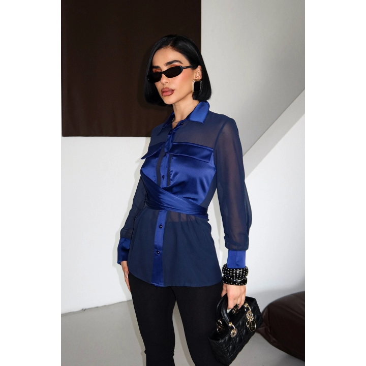 Göğüs Detaylı Kuşaklı Tül Lacivert Tasarım Gömlek