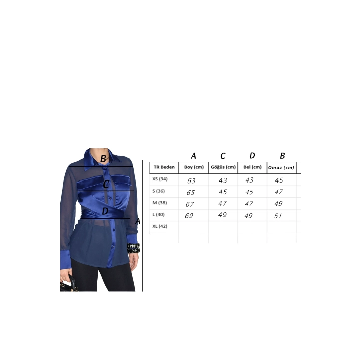 Göğüs Detaylı Kuşaklı Tül Lacivert Tasarım Gömlek