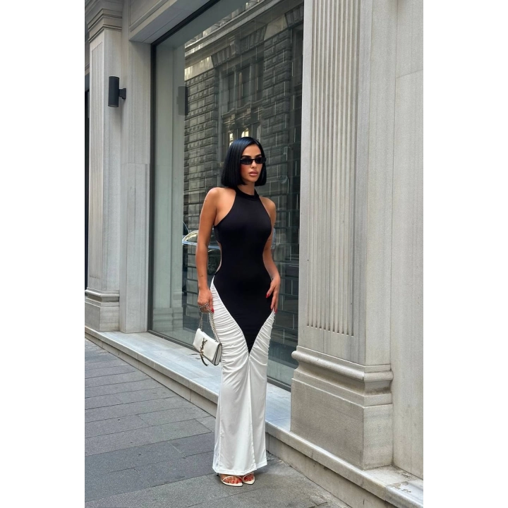 Kadın Büzgülü Sırt Dekolteli Çift Renk Beyaz Maxi Boy Elbise