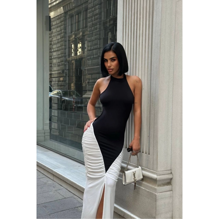 Kadın Büzgülü Sırt Dekolteli Çift Renk Beyaz Maxi Boy Elbise