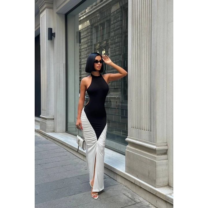 Kadın Büzgülü Sırt Dekolteli Çift Renk Beyaz Maxi Boy Elbise