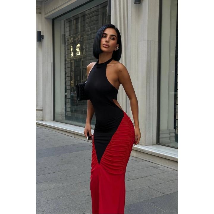Kadın Büzgülü Sırt Dekolteli Çift Renk Kırmızı Maxi Boy Elbise