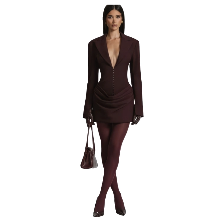 Kadın Ceket Tasarım Premium Kapama Detaylı Kahverengi Mini Elbise