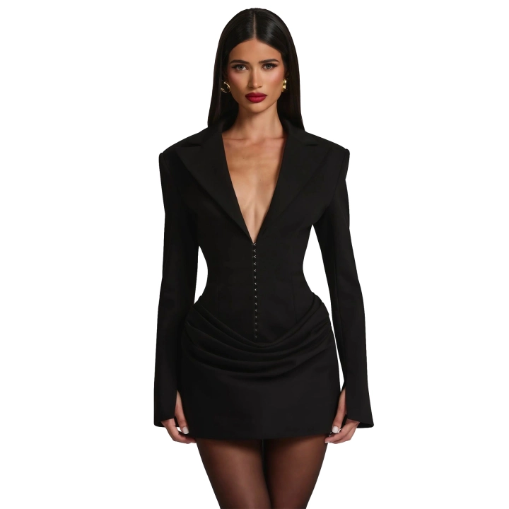 Kadın Ceket Tasarım Premium Kapama Detaylı Siyah Mini Elbise