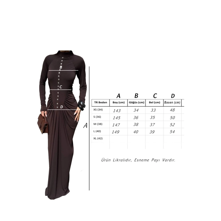 Kadın Düğme Detaylı Uzun Kollu Büzgülü Halter Yaka Kahverengi Maxi Elbise