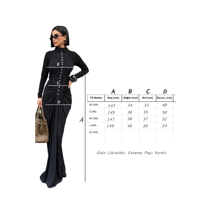 Kadın Düğme Detaylı Uzun Kollu Büzgülü Halter Yaka Siyah Maxi Elbise