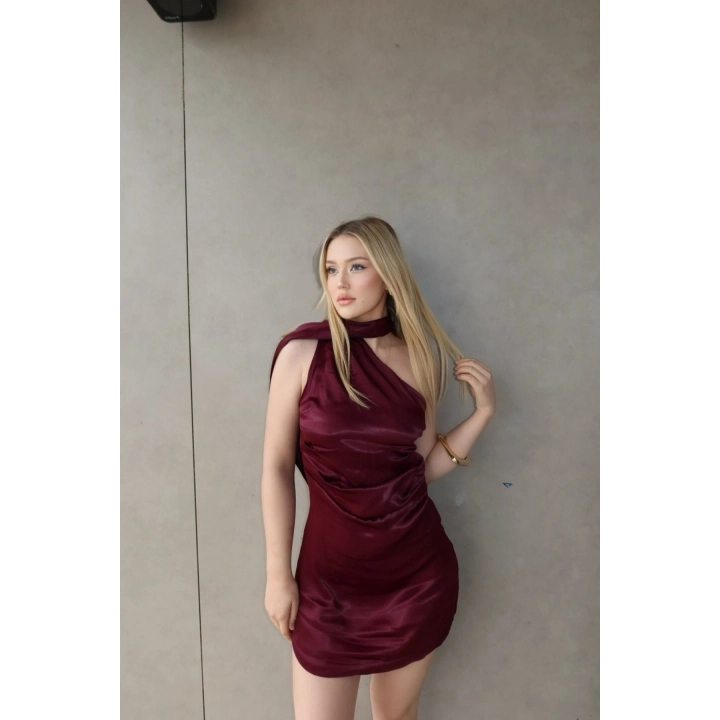 Kadın Premium Tek Omuz Şal Detaylı Saten Mini Bordo Elbise