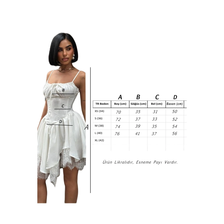 Kat Etekli Göğüs Bağlamalı Saten Beyaz Premium Kısa Elbise