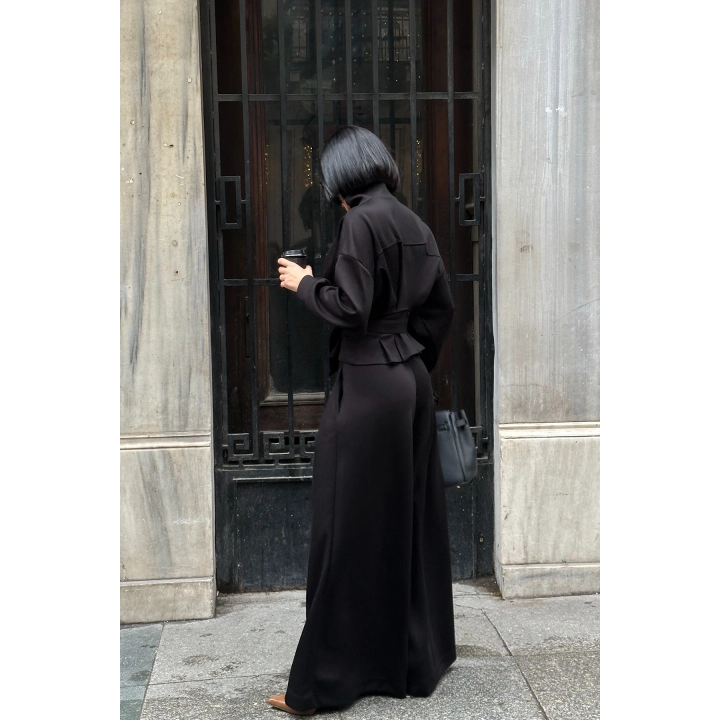 Kemer Detaylı Fermuarlı Premium Bol Paça Siyah Takım