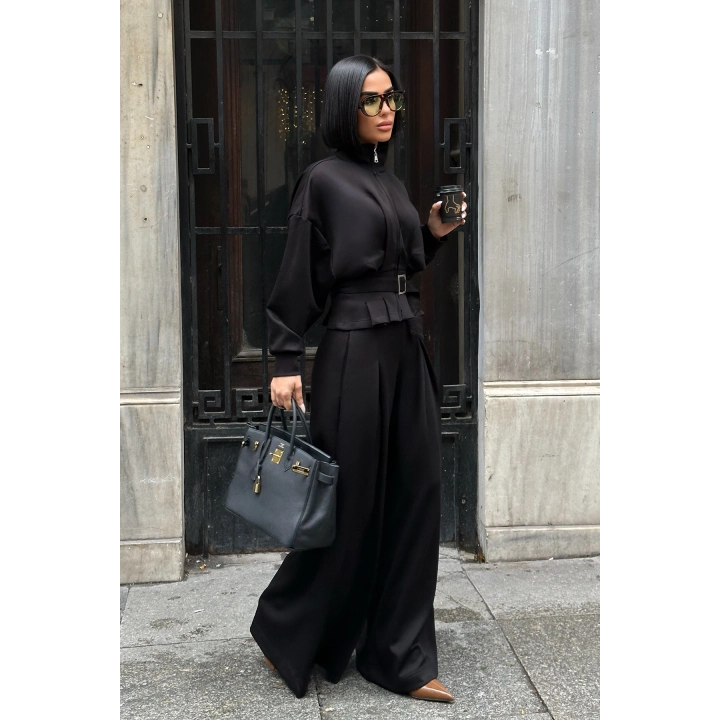 Kemer Detaylı Fermuarlı Premium Bol Paça Siyah Takım