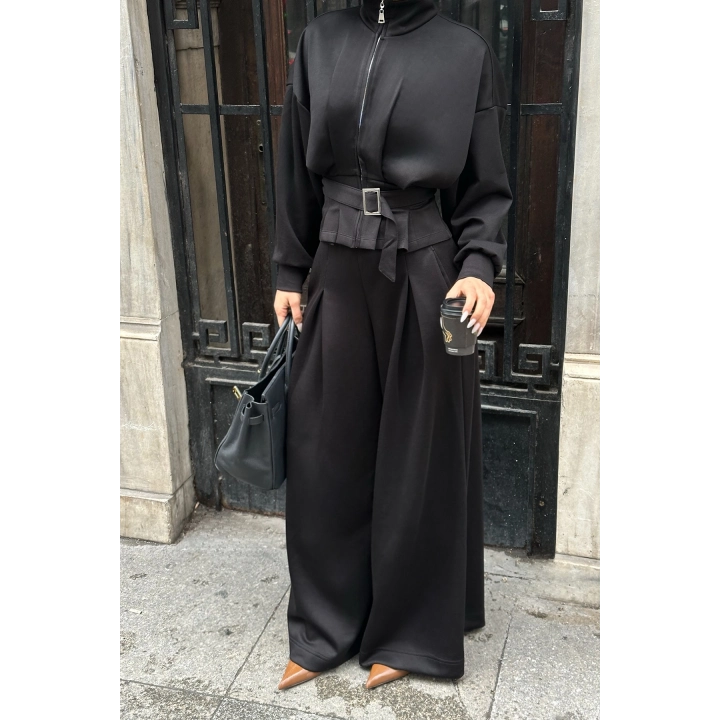 Kemer Detaylı Fermuarlı Premium Bol Paça Siyah Takım