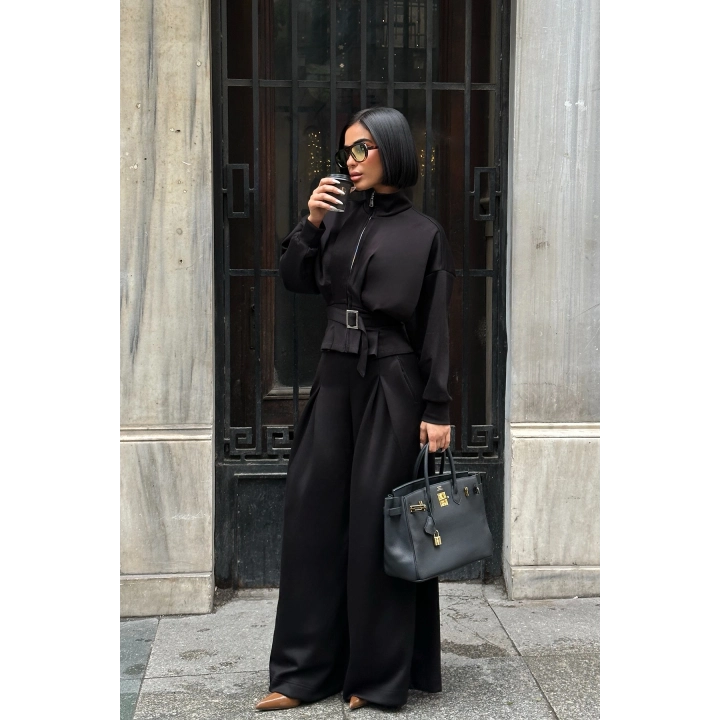 Kemer Detaylı Fermuarlı Premium Bol Paça Siyah Takım