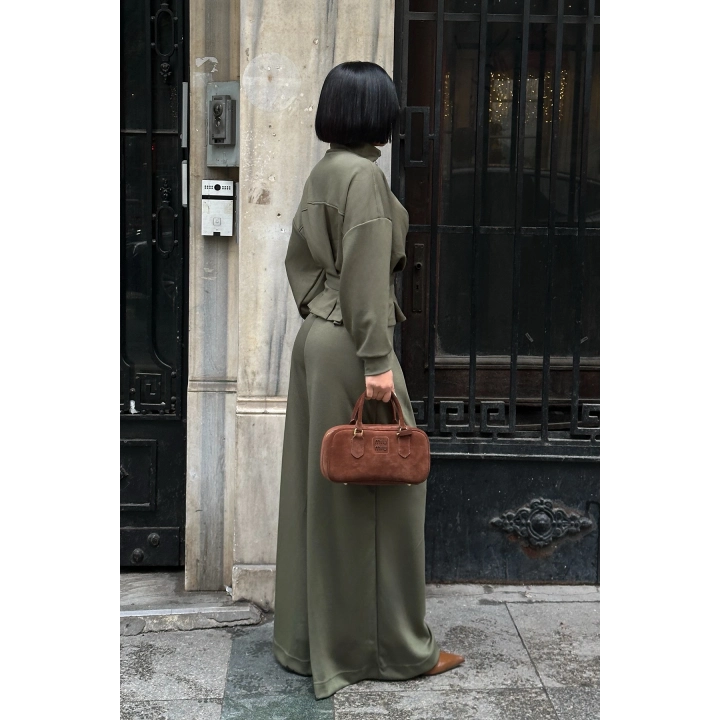 Kemer Detaylı Fermuarlı Premium Bol Paça Yeşil Takım