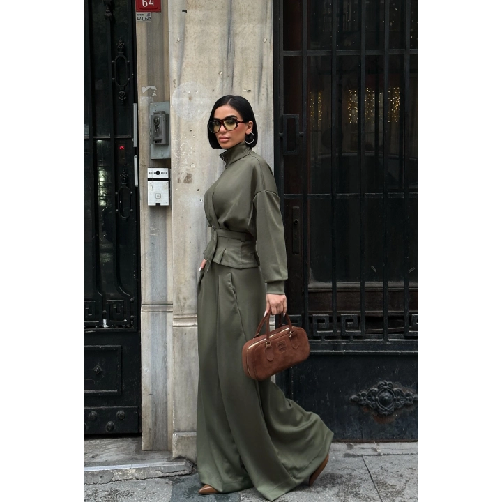 Kemer Detaylı Fermuarlı Premium Bol Paça Yeşil Takım