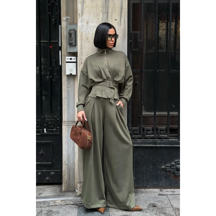 Kemer Detaylı Fermuarlı Premium Bol Paça Yeşil Takım