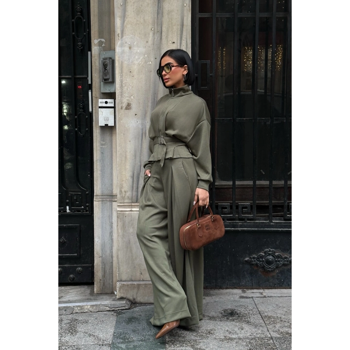 Kemer Detaylı Fermuarlı Premium Bol Paça Yeşil Takım