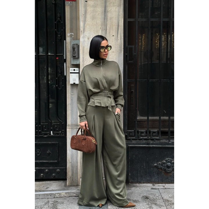 Kemer Detaylı Fermuarlı Premium Bol Paça Yeşil Takım