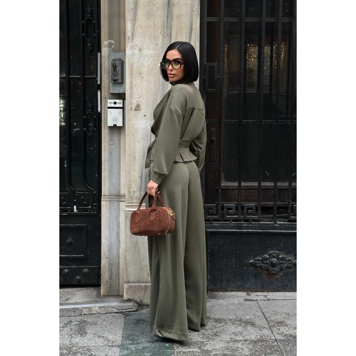 Kemer Detaylı Fermuarlı Premium Bol Paça Yeşil Takım