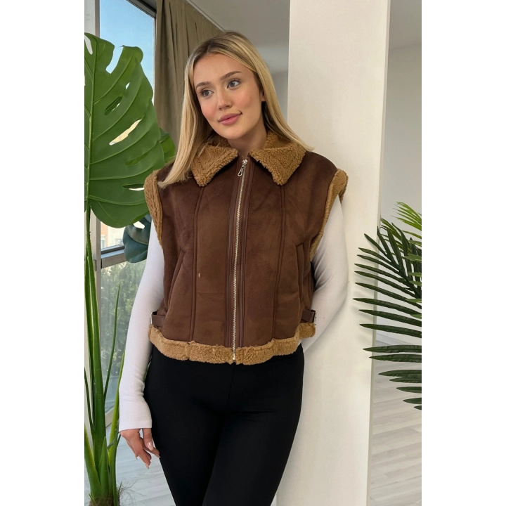 Kürk Detaylı Fermuarlı Kahverengi Yelek