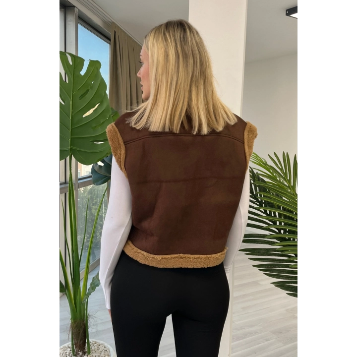 Kürk Detaylı Fermuarlı Kahverengi Yelek