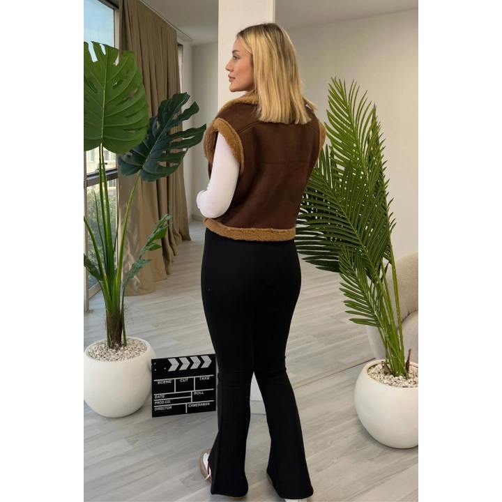Kürk Detaylı Fermuarlı Kahverengi Yelek