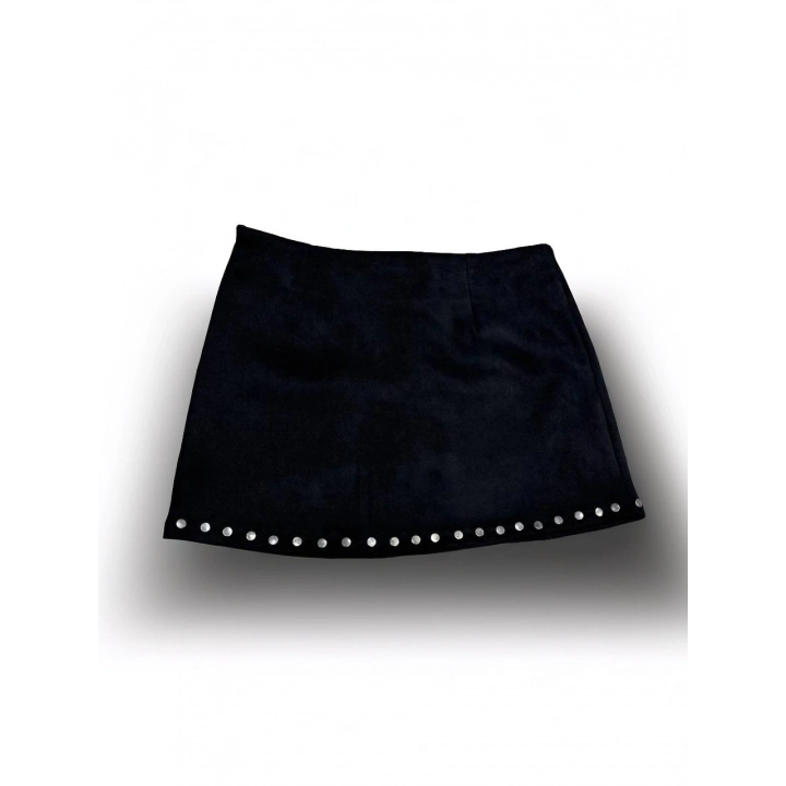 Kuşgözlü Detaylı Siyah Süet Mini Etek