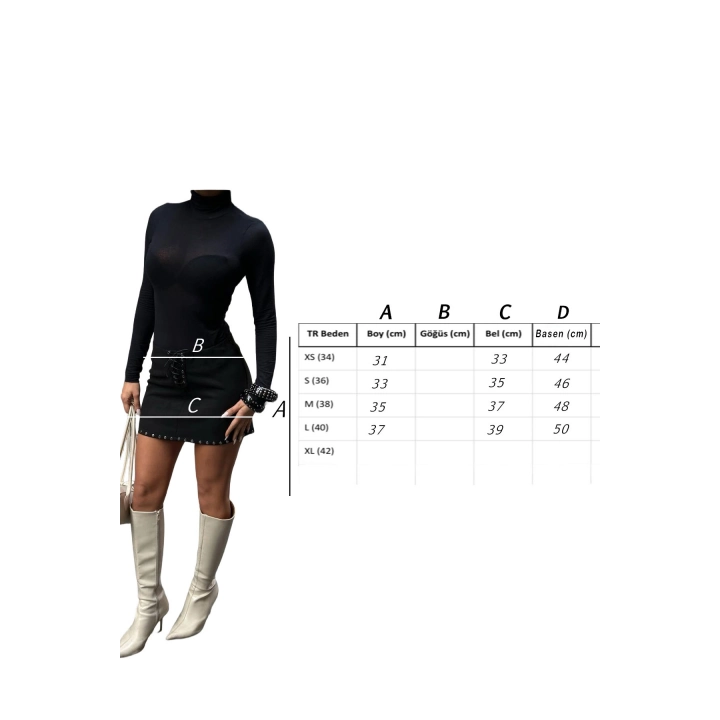 Kuşgözlü Detaylı Siyah Süet Mini Etek